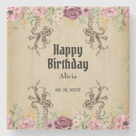 Posavasos De Piedra Vintage Maroon Gold Flower Parchday