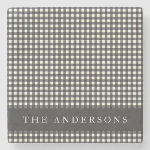 Posavasos De Piedra Vintage Negro y Blanco Gingham Cuadro Personalizad