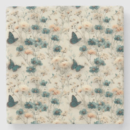 Posavasos De Piedra Vintage Spring Flowers and Butterflies