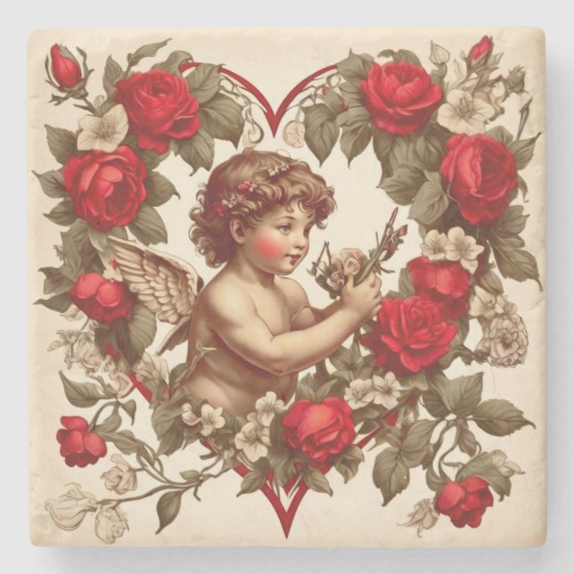 Posavasos De Piedra Vintage Valentine art love cupid (Anverso)