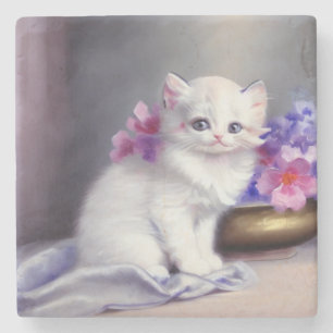 Posavasos De Piedra Vintage White Kitten with Pink and Purple Flowers