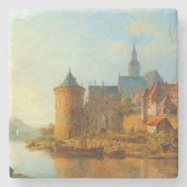 Posavasos De Piedra Vista de un pueblo holandés a lo largo del río Rin