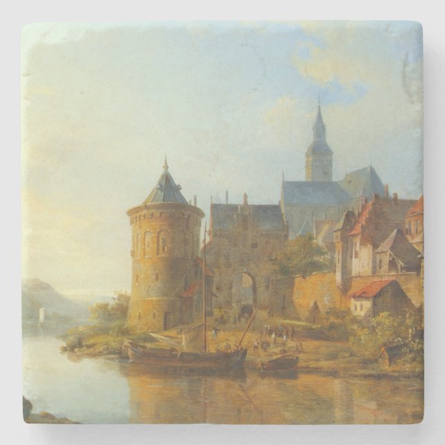 Posavasos De Piedra Vista de un pueblo holandés a lo largo del río Rin (Anverso)