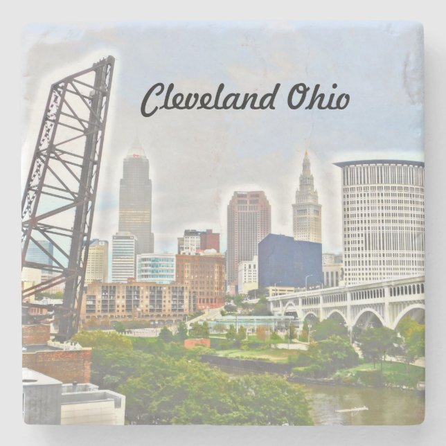 Posavasos De Piedra Vista del río Cleveland (Anverso)