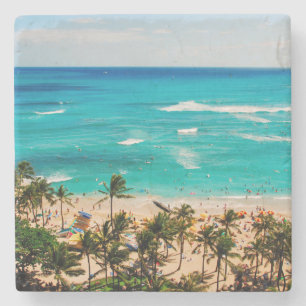 Posavasos De Piedra Vista elevada de la escena de la playa de Waikiki,