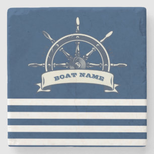 Posavasos De Piedra Volante de Barco Náutico, Rayas Azul Marino