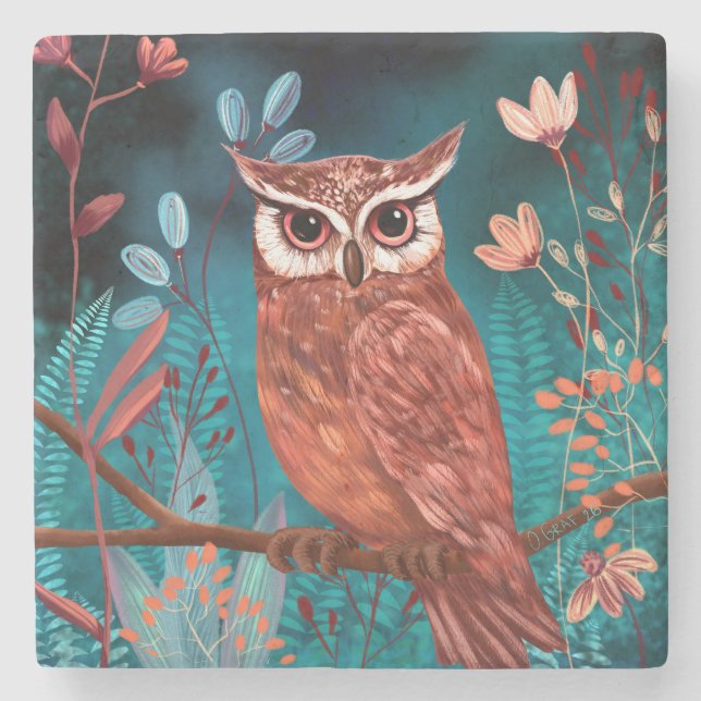 Posavasos De Piedra Vom Künstler handillustrierte Eule – Boho Natur (Anverso)
