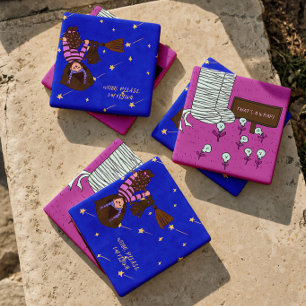Posavasos De Piedra Vuela Sobre Bruja Adorable Halloween