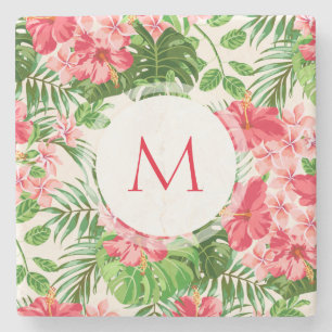 Posavasos De Piedra W Monograma de flor de Hibiscus C personalizado