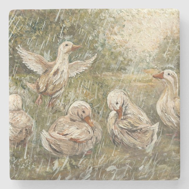 Posavasos De Piedra Water Play Whimsical Farmhouse Duck Family Pond (Anverso)