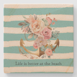 Posavasos De Piedra Watercolor Aqua White Beach Strips