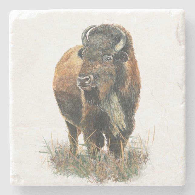 Posavasos De Piedra Watercolor Bison Buffalo Animal Nature Art (Anverso)