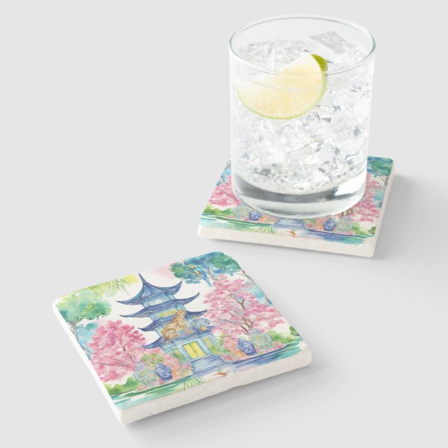 Posavasos De Piedra Watercolor Chinoiserie Pagoda Cheetah Ginger Jar (Lateral)