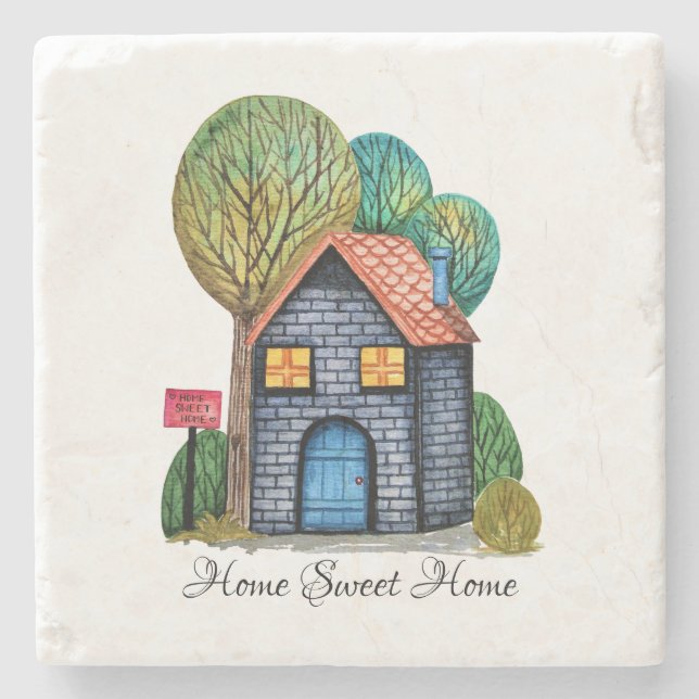 Posavasos De Piedra Watercolor Cute Hogar Sweet Home Art (Anverso)