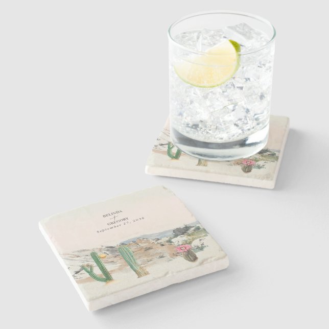 Posavasos De Piedra Watercolor Desert Cactus Boho Wedding (Lateral)