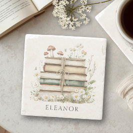 Posavasos De Piedra Watercolor Floral Vintage Books Personalized 