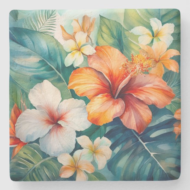 Posavasos De Piedra Watercolor Jardín Hawaiano Tropical Hibiscus (Anverso)