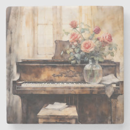 Posavasos De Piedra Watercolor Piano & Roses Vintage Stone Coaster