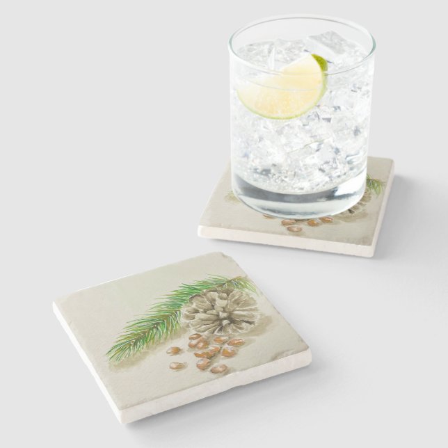 Posavasos De Piedra Watercolor Pinõn Nueces Pinecone Nuevo México (Lateral)