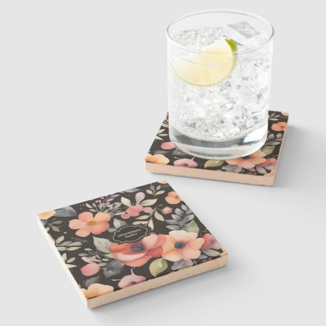 Posavasos De Piedra Watercolor summer flowers pattern monogrammed (Lateral)