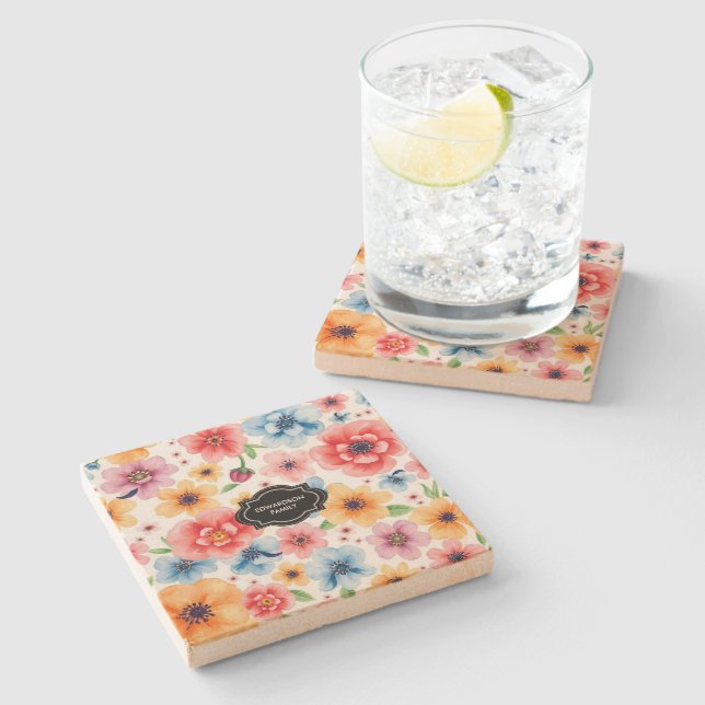 Posavasos De Piedra Watercolor summer flowers pattern monogrammed (Lateral)