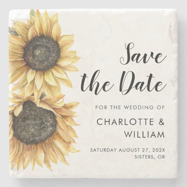 Posavasos De Piedra Watercolor Sunflower Floral Wedding Save the Date (Anverso)
