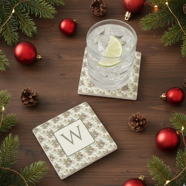 Posavasos De Piedra Watercolor Winter Botanical Pattern (Holiday monogram drink coaster
)