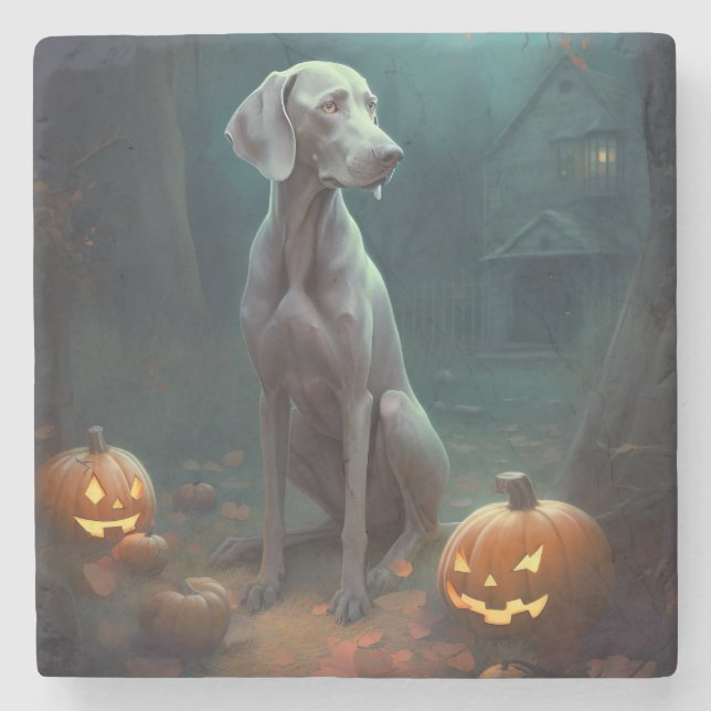 Posavasos De Piedra Weimaraner de Halloween con calabazas aterradoras