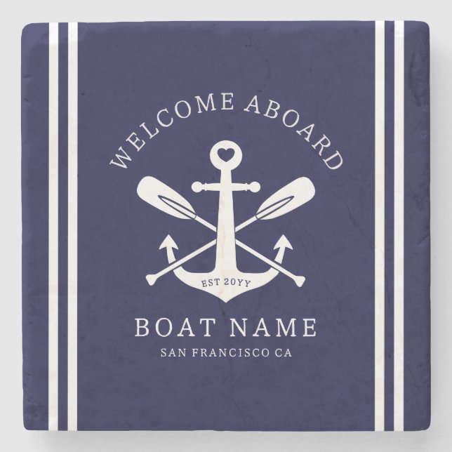 Posavasos De Piedra Welcome Aboard Boat Name Nautical Anchor | Blue (Anverso)