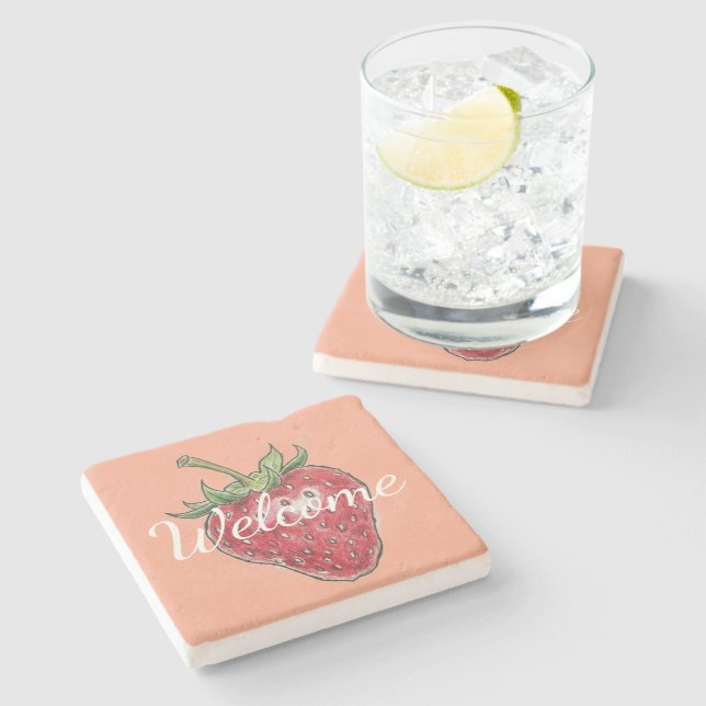 Posavasos De Piedra Welcome hand drawn strawberry pink red modern (Lateral)