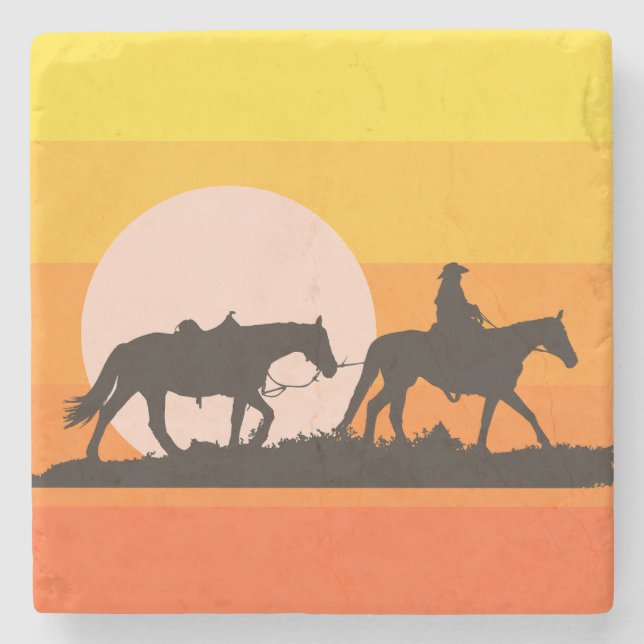 Posavasos De Piedra Western Sunset Cowboy Silhouette Throw Pillow (Anverso)