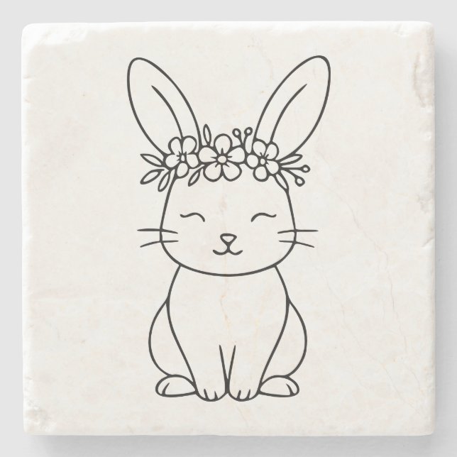 Posavasos De Piedra Whimsical Bunny with Floral Crown Line Art  (Anverso)