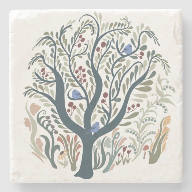 Posavasos De Piedra Whimsical Folk Art Forest Earth Tones (Anverso)