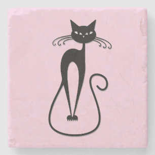 Posavasos De Piedra Whimsical Skinny Black Cat Rosa