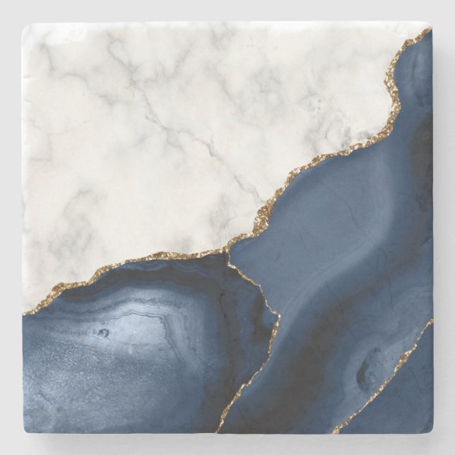 Posavasos De Piedra White Faux Marble Gilds Navy Agate Azul (Anverso)