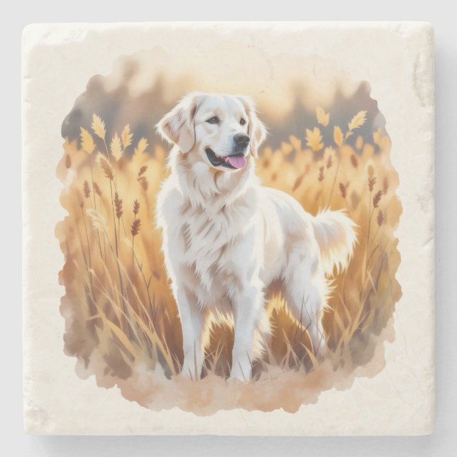 Posavasos De Piedra White Golden Retriever Dog (Anverso)