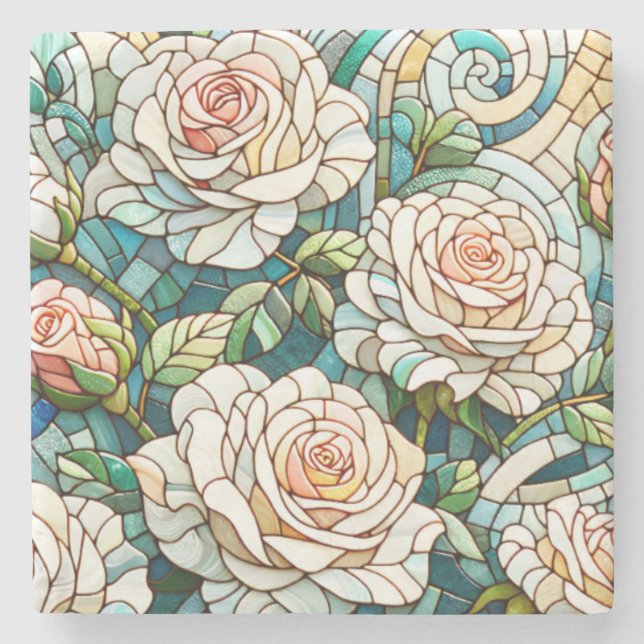 Posavasos De Piedra White Roses Stained Glass Mosaic (Anverso)