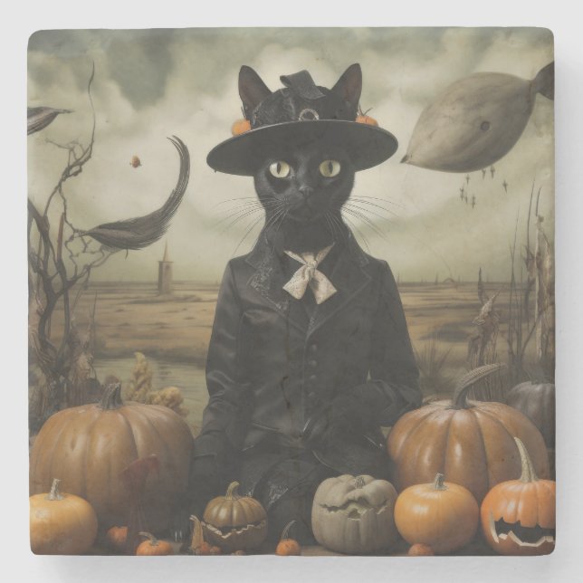 Posavasos De Piedra Witch Cat with Pumpkins  (Anverso)
