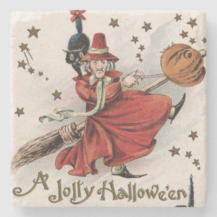 Posavasos De Piedra Witch Jack O Lantern Black Cat Stars