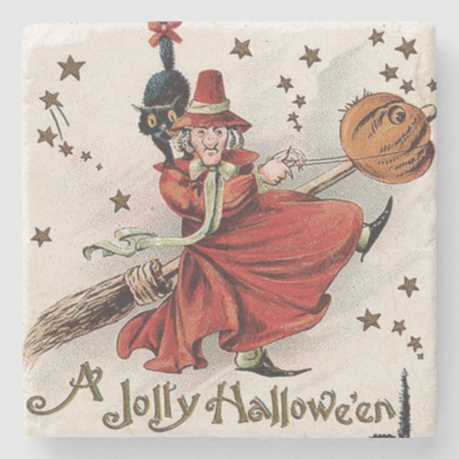 Posavasos De Piedra Witch Jack O Lantern Black Cat Stars (Anverso)