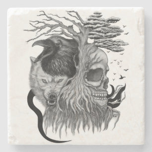 Posavasos De Piedra Wolf y Raven con el cráneo