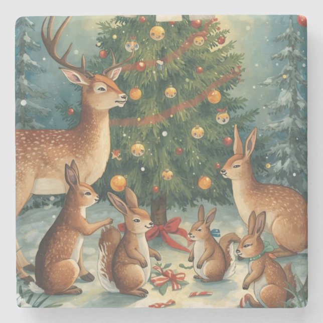 Posavasos De Piedra Woodland Animal Christmas Scene (Anverso)