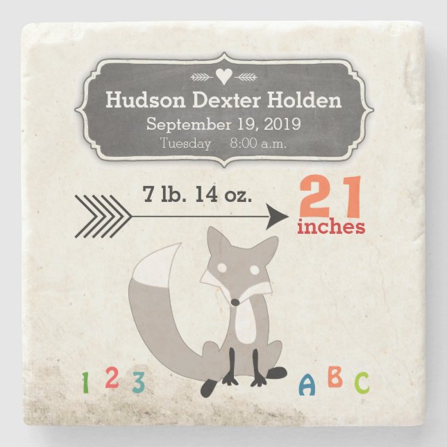 Posavasos De Piedra Woodland Creations Fox Baby Stats Keepsake (Anverso)
