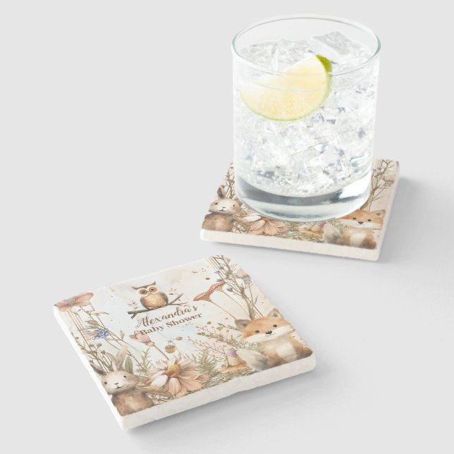 Posavasos De Piedra Woodland Forest Animals Baby Shower (Lateral)