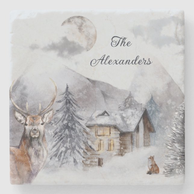 Posavasos De Piedra Woodland Winter Watercolor Family Nombre Monograma (Anverso)