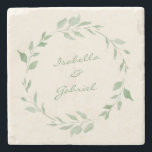 Posavasos De Piedra Wreath botánica de color de agua minimalista con n<br><div class="desc">La acuarela botánica minimalista estaba en verde. Personalízalo con tus nombres. Gran idea de regalo.</div>