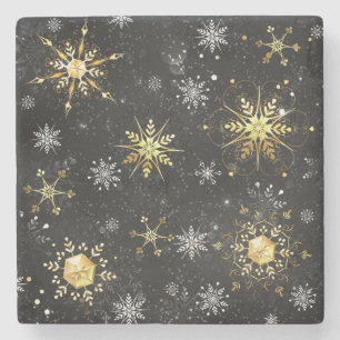 Posavasos De Piedra Xmas copos de nieve dorados sobre fondo negro