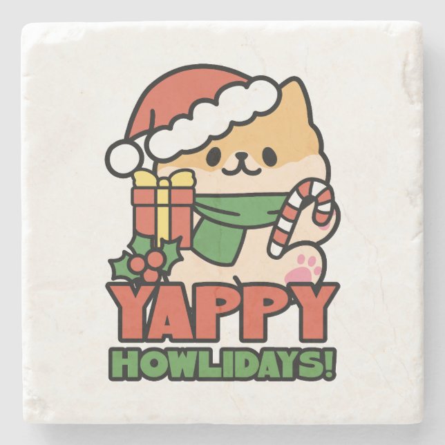 Posavasos De Piedra Yappy Howlidays - Personalizado de perros Navidade (Anverso)