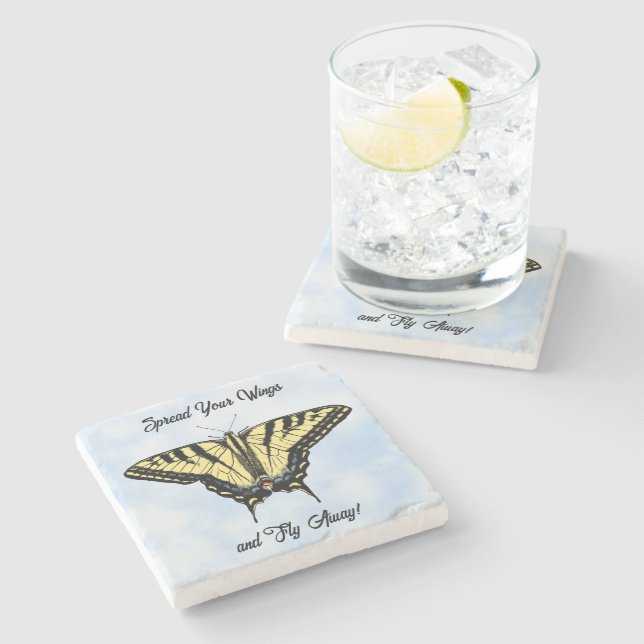 Posavasos De Piedra Yellow Swallowtail Butterfly Blue Sky Personalized (Lateral)