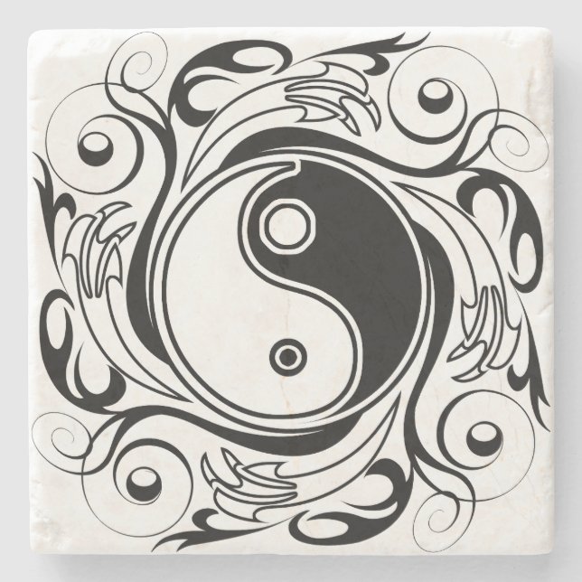 Posavasos De Piedra Yin Yang Tattoo estilo ornamental (Anverso)